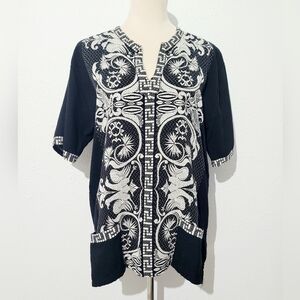 Giras Black White Embroidered Tunic Top Greek Style 50/50 Cotton Viscose Size L